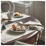 Cozy breakfast with scone, coffee, and pastries on beige mat.