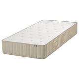 Image depicts an IKEA VATNESTRÖM mattress, white, rectangular, with beige piping and natural materials.