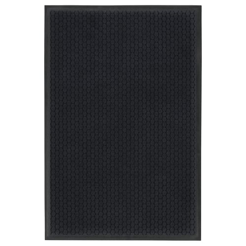 VATTENVERK black doormat, hexagonal pattern, recycled polyester, rectangular shape.
