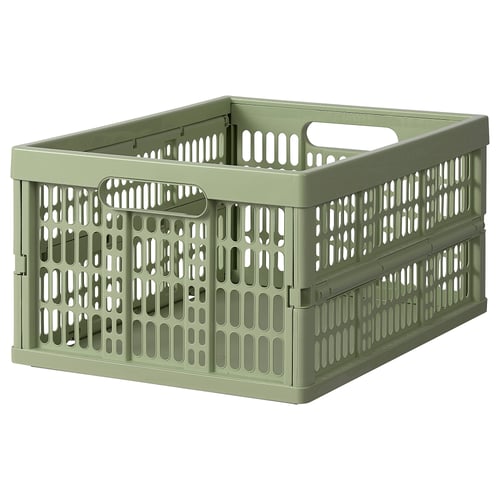 A VEDKLYV pale green plastic storage box with handles and ventilation.