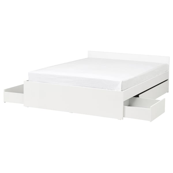This image shows a white VIHALS bed with four storage drawers, clean-lined and modern, featuring slatted base support.