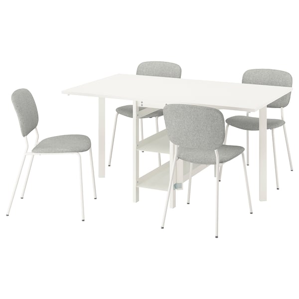 A VIHALS dining set with a white table and grey chairs, featuring a modern design and storage under the table.