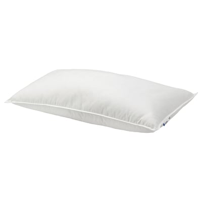 White VILDKORN pillow, recycled materials, low profile for stomach sleepers.