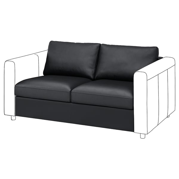 Black leather VIMLE sofa with two cushions, clean lines, and sturdy frame.