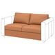A brown VIMLE loveseat with white arms and legs, featuring a modern and minimalist design. It has two cushions and is made of leather and polyester.