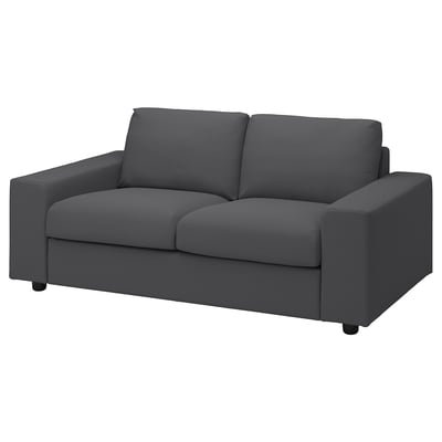 Gray VIMLE sofa. Modern, two-seater, square cushions, dark gray fabric.
