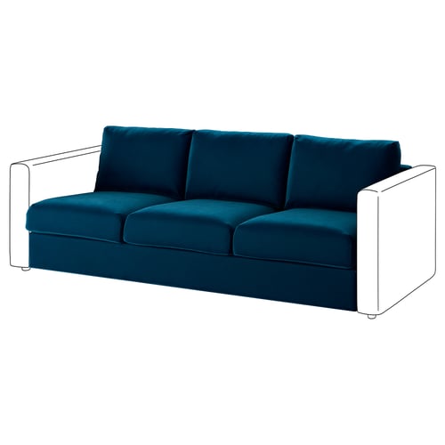 Blue VIMLE sofa, modern design with clean lines. Velvet upholstery, three cushions, plush and inviting.