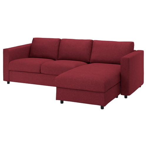 Red VIMLE sectional sofa, l-shaped, fabric, 3 cushions.