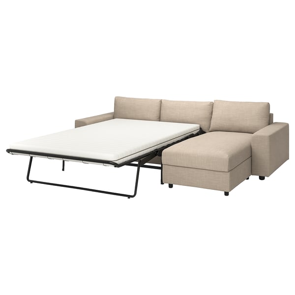 Modern beige sofa-bed with chaise, thick mattress, and under-seat storage. Perfect for multi-use spaces.