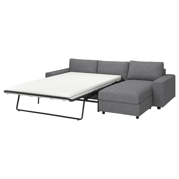 Gray VIMLE sofa-bed with white mattress, modern design, metal frame, convertible.