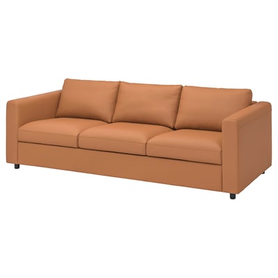 VIMLE sofa, tan leather, 3-seater, sleek design.