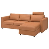 VIMLE sectional sofa; tan leather; l-shaped; modern design; 2-seat & chaise longue.