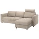 VIMLE sofa: beige, fabric, l-shape, 2-seat with chaise, headrest.