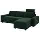 VIMLE: green velvet modular sofa with chaise, pillow support, & storage.