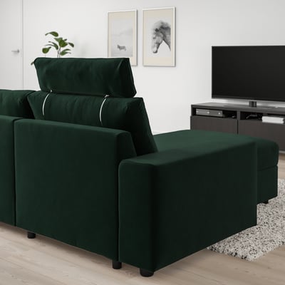 VIMLE green velvet sofa, modern, spacious, adjustable headrests, storage. Living room, tv nearby.