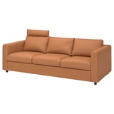 An orange VIMLE sofa with a sleek design and cushioned backrest. It has a modern, minimalist look, upholstered in leather and fabric.