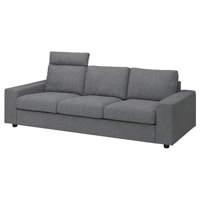 Modern gray sofa, VIMLE, with clean lines, cushy seat & back, two patterned pillows.