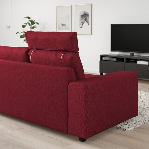 Red VIMLE sofa, modern with adjustable headrests, minimalist decor, tv wall.