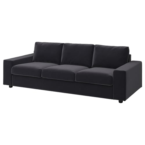 VIMLE sofa: modern black 3-seater with deep cushions, sturdy frame, sleek design.