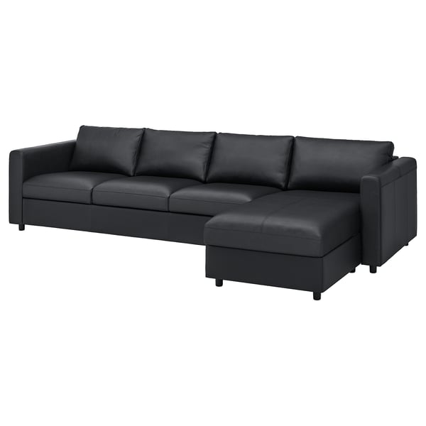 Image shows a dark gray VIMLE sectional sofa with clean lines and a chaise lounge on the right, upholstered in leather and fabric.