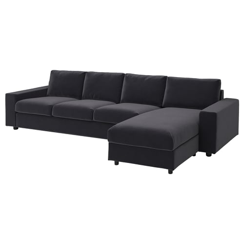 Black VIMLE sectional sofa with left chaise, velvet cover.
