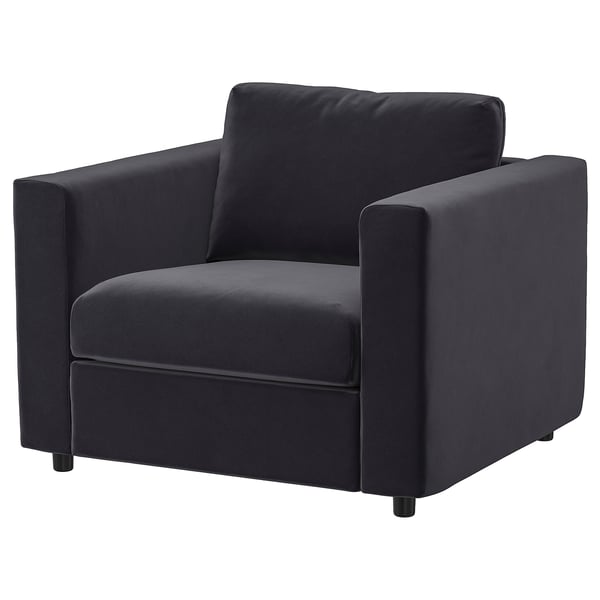 Dark gray VIMLE armchair with square cushions and black legs.