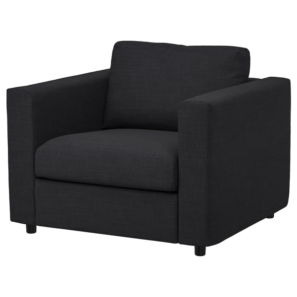 VIMLE armchair: sleek black, square, modern design, comfortable upholstered fabric.