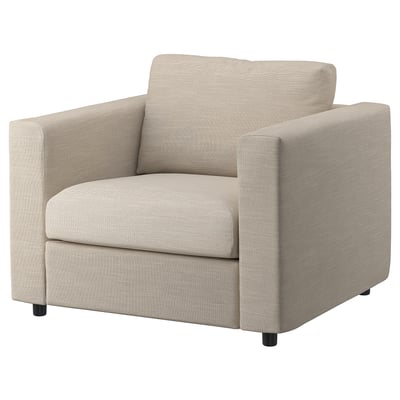 VIMLE armchair, beige, woven fabric, boxy shape, square arms, comfortable seat.