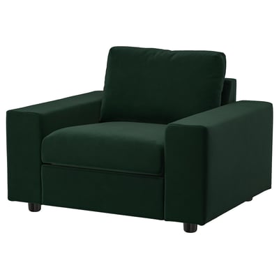 Green VIMLE armchair, deep cushions, square shape, velvet, comfy seat.