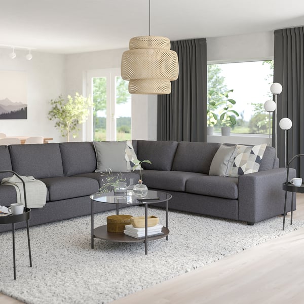 Modern living room with VIMLE sectional, pendant lamp, and coffee table, bright windows, rugs, and decor.