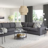 Modern living room with VIMLE sectional, pendant lamp, and coffee table, bright windows, rugs, and decor.