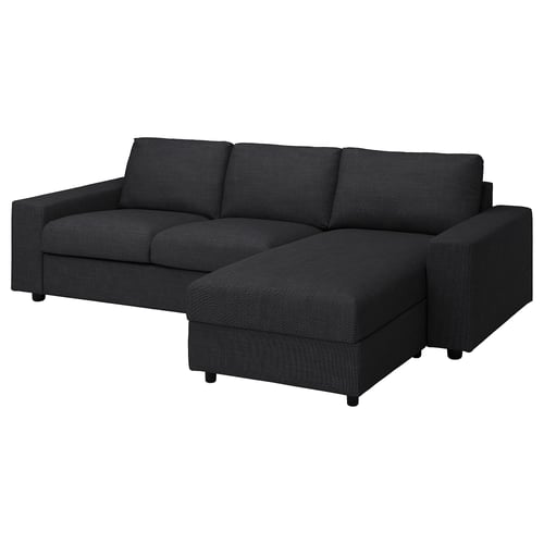 VIMLE sofa, dark grey. Modern l-shape, soft cushions, recycled fabric.