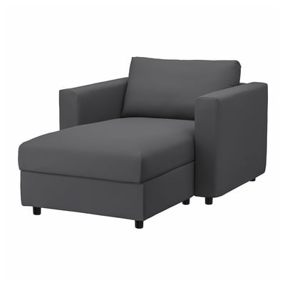 Gray VIMLE lounge chair with dark legs, modern design.