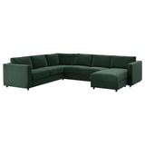 Green VIMLE sectional sofa in plush velvet with dark wooden legs.