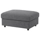VIMLE grey fabric footstool with storage. Square, upholstered in dark grey tweed, four black legs.