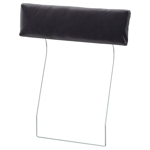 Black VIMLE headrest cushion, smooth velvet, attaches to sofa for neck support.