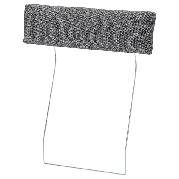 The VIMLE headrest in gray fabric, with a sleek metal frame, adds comfort and support to a sofa.