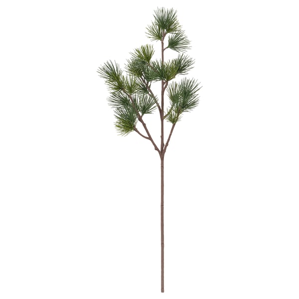 Artificial green pine branch, life-like, recycled plastic & steel, adjustable for vases.