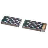 Two colorful matchboxes with geometric patterns. One closed, one open showing matches.