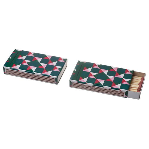 Two colourful matchboxes with geometric patterns. One closed, one open showing matches.