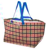 Colorful reusable VINTERFINT shopping bag in red, green, and blue with checkered pattern and sturdy blue handles.