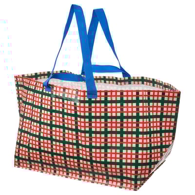 Colorful reusable VINTERFINT shopping bag in red, green, and blue with checkered pattern and sturdy blue handles.