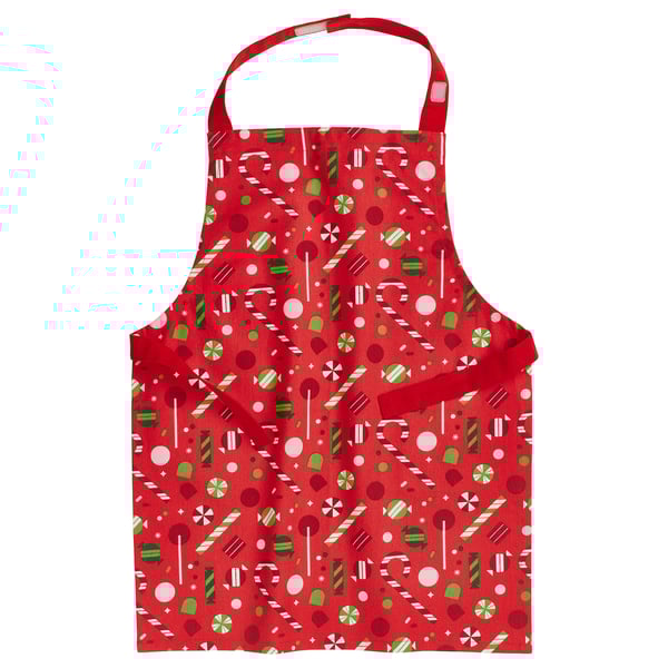 Red apron with christmas candy pattern.