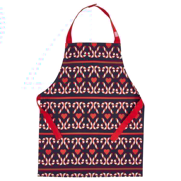Red and black apron with heart and candy cane design, cotton.