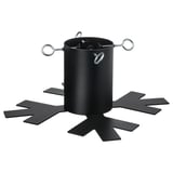 Black metal christmas tree stand with 3 adjustable screws for stability and legs for support.