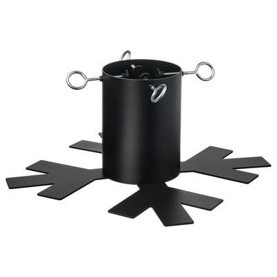 Black metal christmas tree stand with 3 adjustable screws for stability and legs for support.