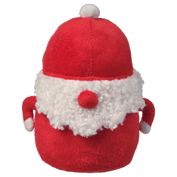 Red plush santa hat with white trim and fluffy pompom, knitted texture.