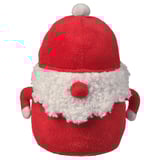 Red plush santa hat with white trim and fluffy pompom, knitted texture.