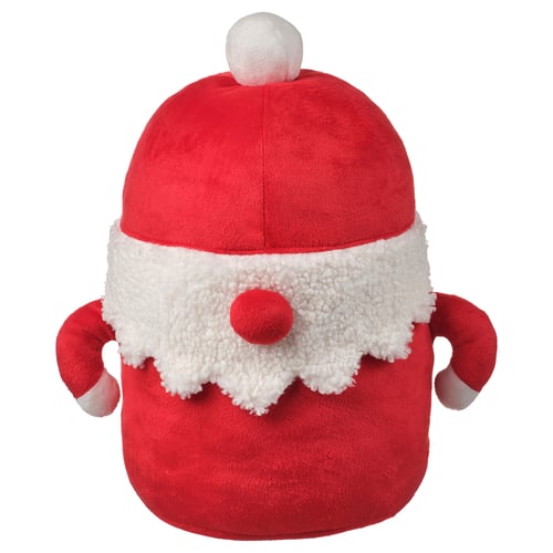 Santa hat cuddly toy, red with white trim, soft material, round shape, festive design.