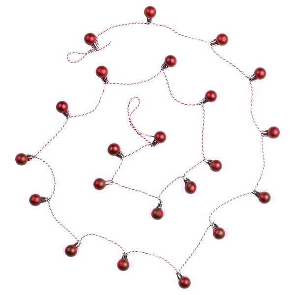 Shiny red ornaments on silver bases, connected in a circle.
